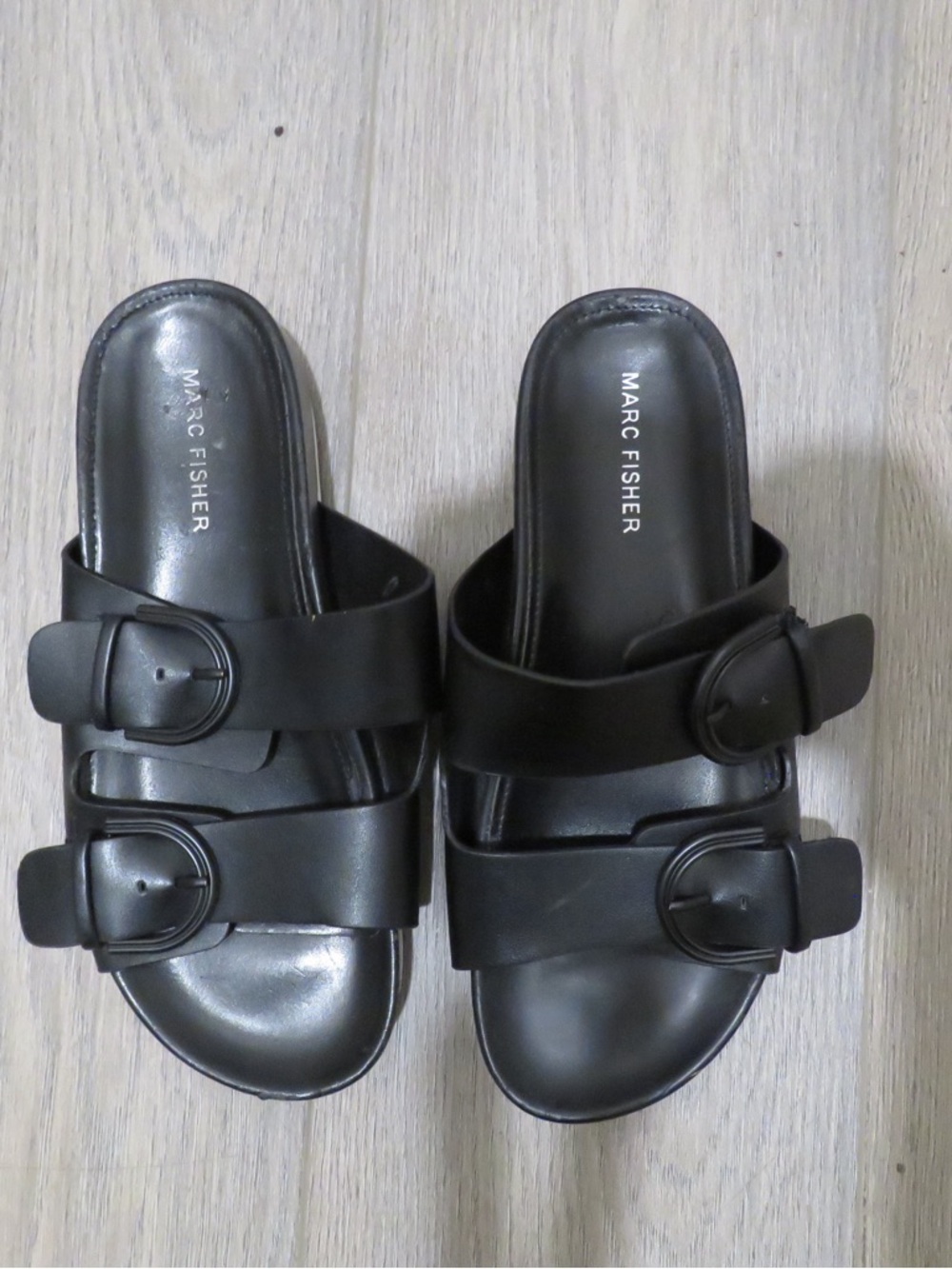 Marc Fisher Black Double-Strap Buckle Slide Sandals